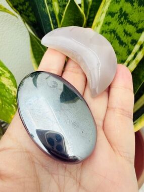 Polished Hematite Palm Stone & Grey Agate Crescent Moon Duo Protection Crystal